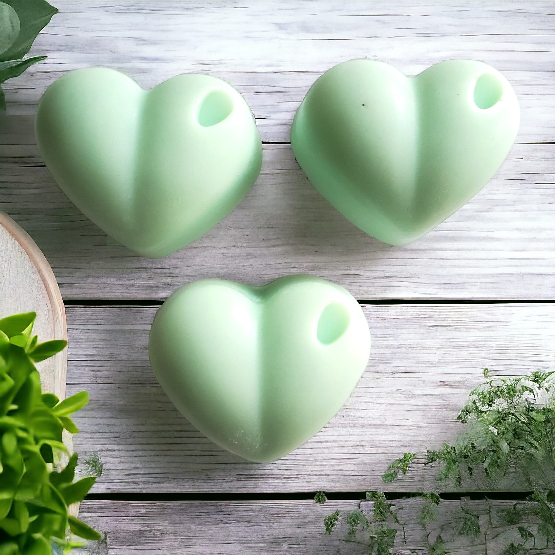 Three Bubbly green soy wax melt hearts