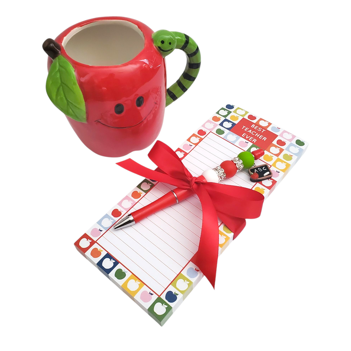 Teacher Appreciation Gift With Red Apple & Worm Mug / Note Pad / Beaded Pen / Gift Set
