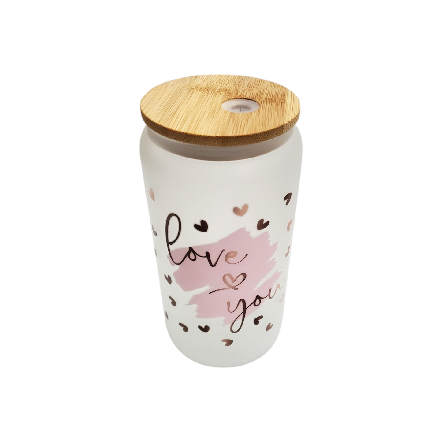 Frosted Glass Cup With Bamboo Lid & Straw with Pink & Brown Hearts Design