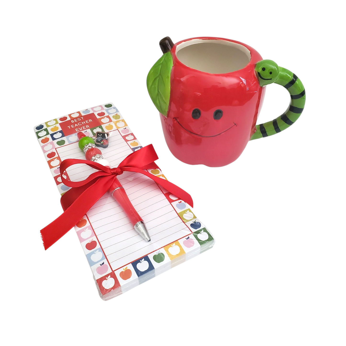 Teacher Appreciation Gift With Red Apple & Worm Mug / Note Pad / Beaded Pen / Gift Set