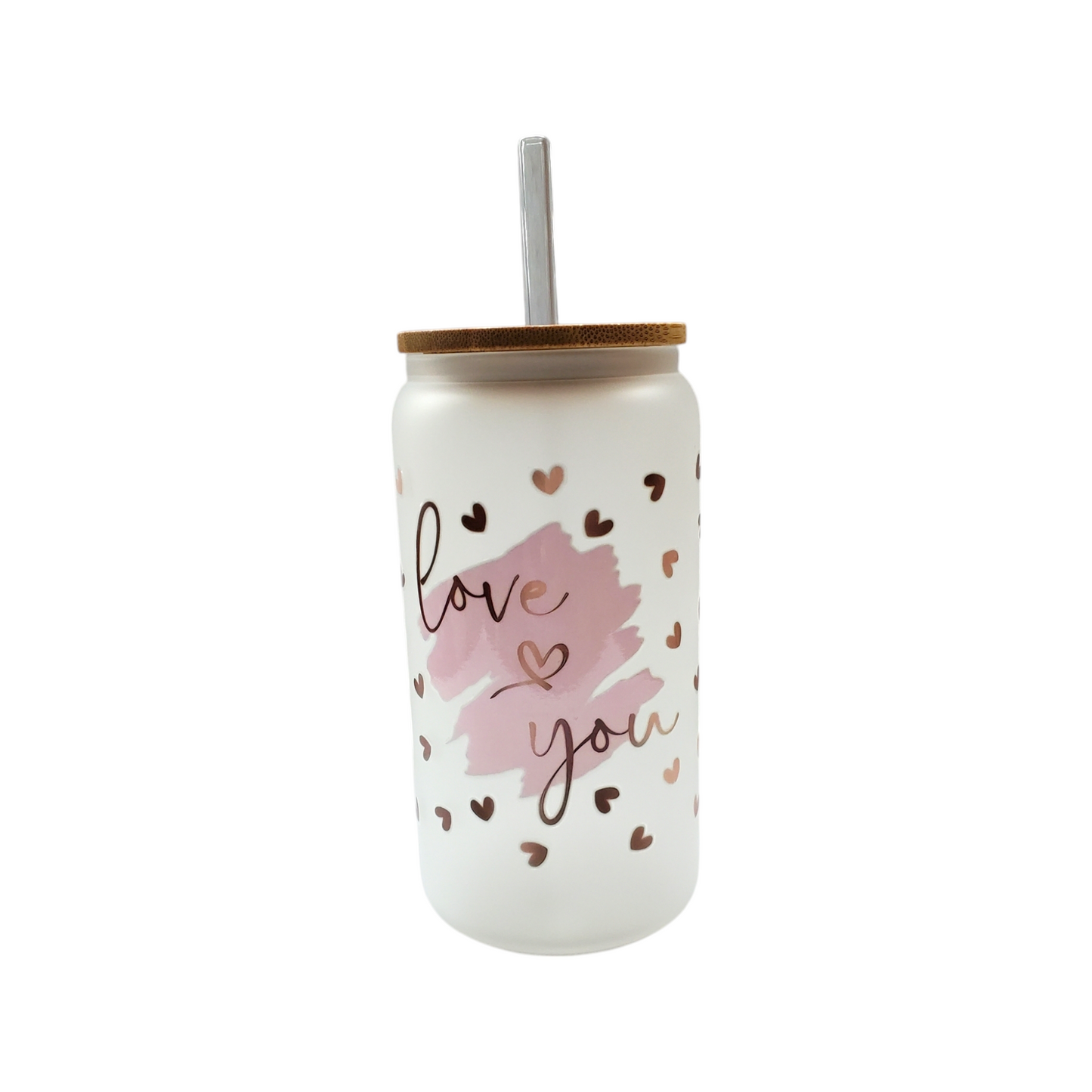Frosted Glass Cup With Bamboo Lid & Straw with Pink & Brown Hearts Design