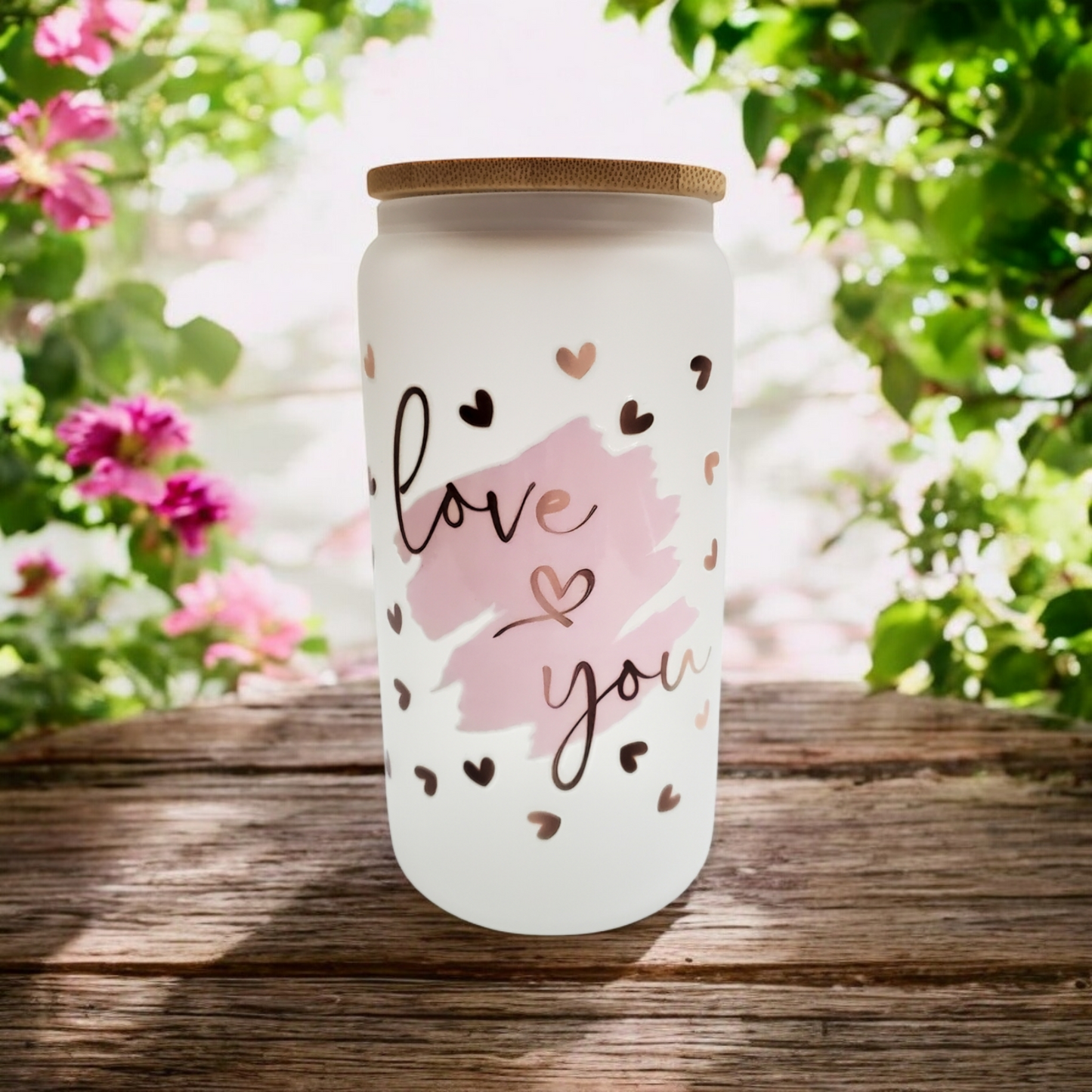 Frosted Glass Cup With Bamboo Lid & Straw with Pink & Brown Hearts Design