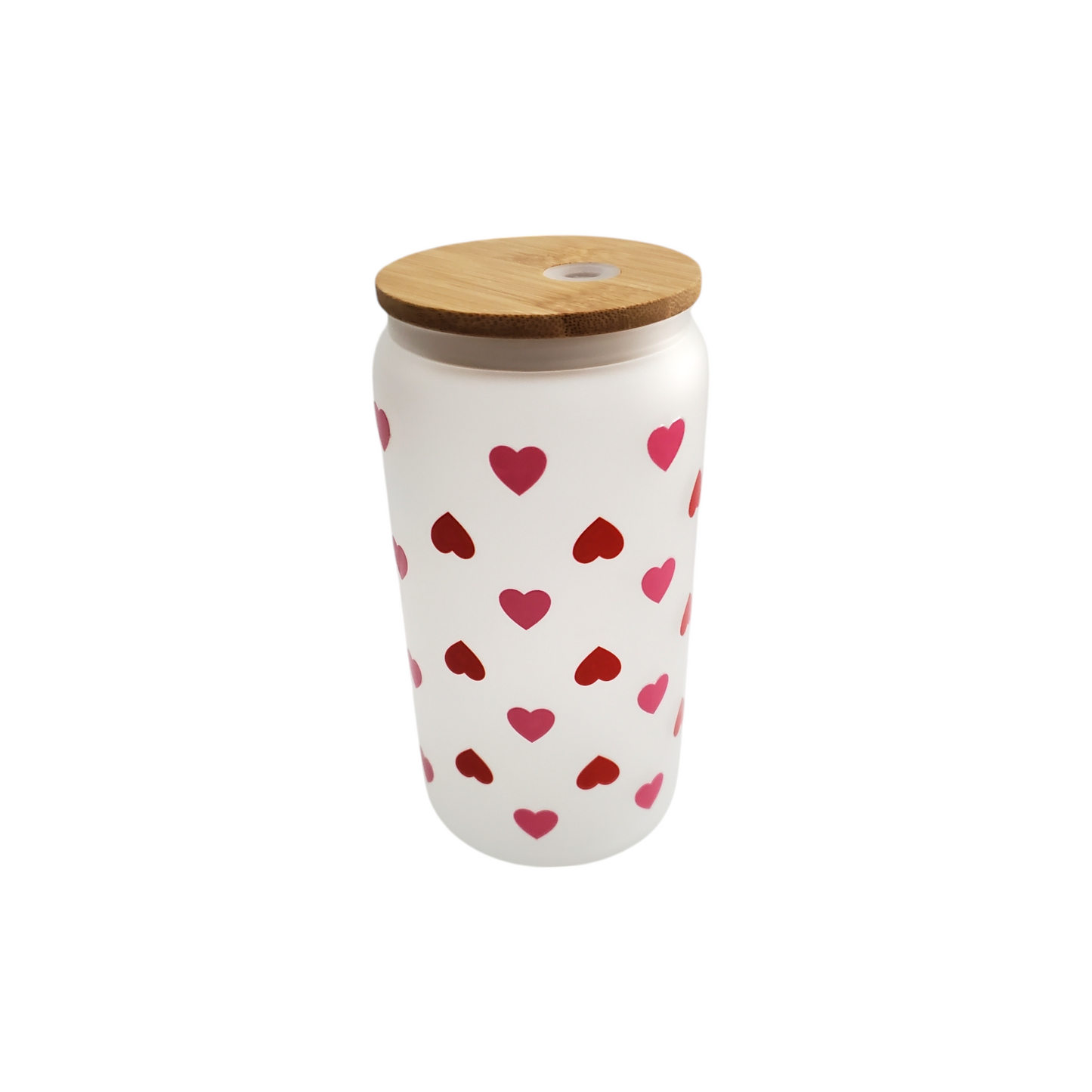 Frosted Glass Cup With Bamboo Lid & Straw with Red & Pink Hearts Design