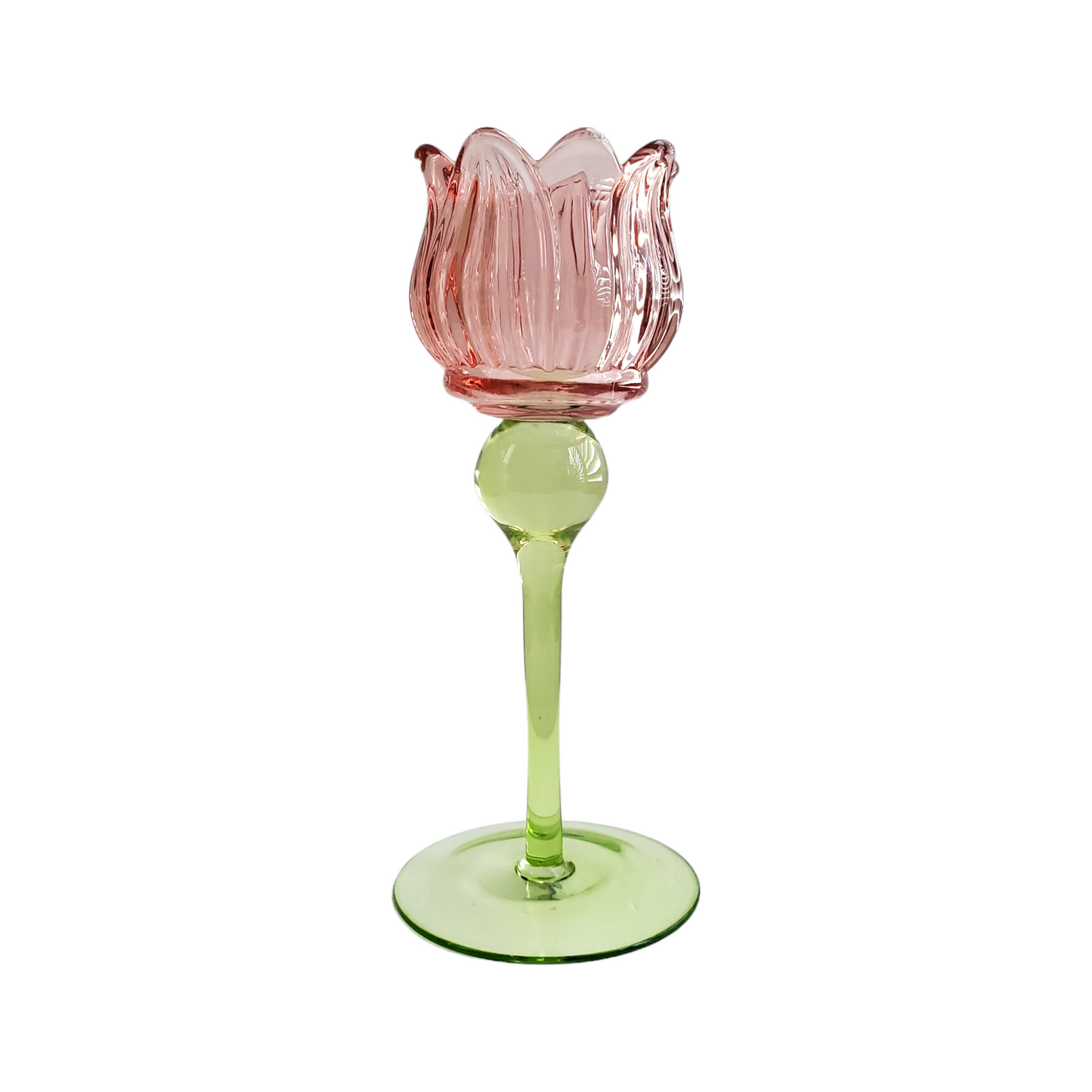 Rose Pink Glass Candle Holders- Set of 2 Roses 8", 10.5"