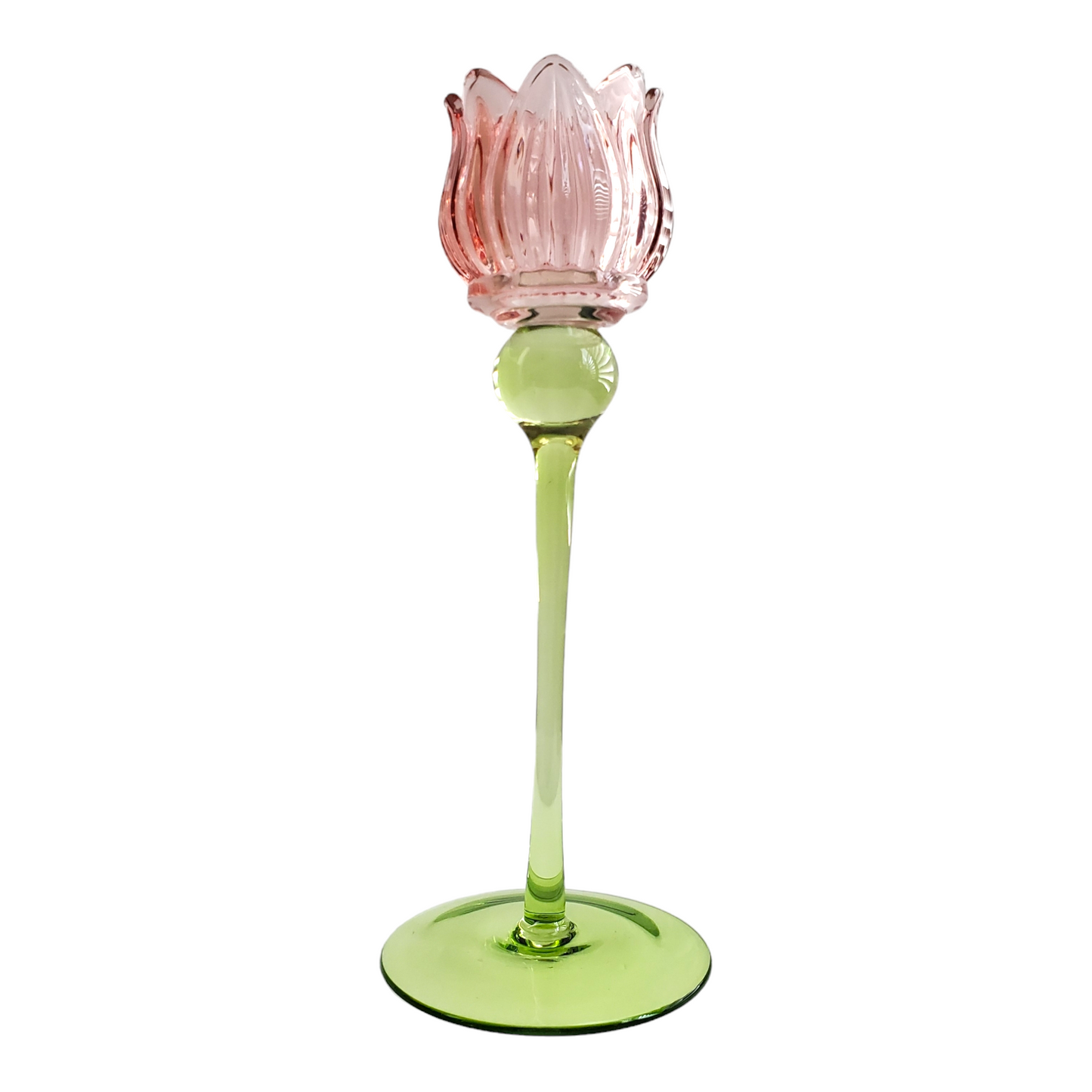 Rose Pink Glass Candle Holders- Set of 2 Roses 8", 10.5"