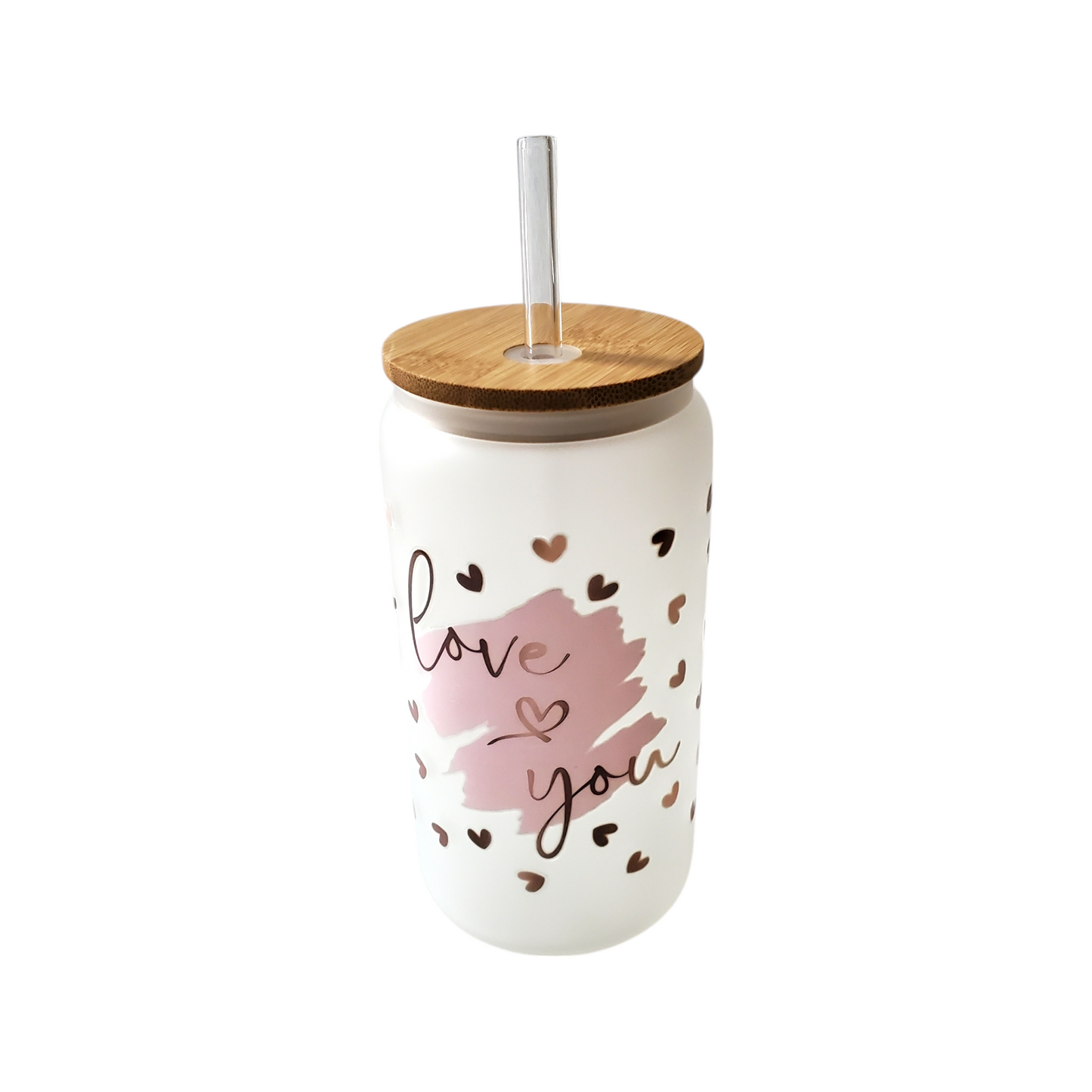 Frosted Glass Cup With Bamboo Lid & Straw with Pink & Brown Hearts Design