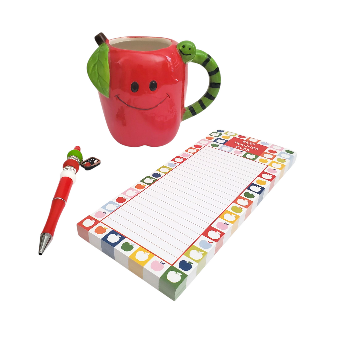 Teacher Appreciation Gift With Red Apple & Worm Mug / Note Pad / Beaded Pen / Gift Set