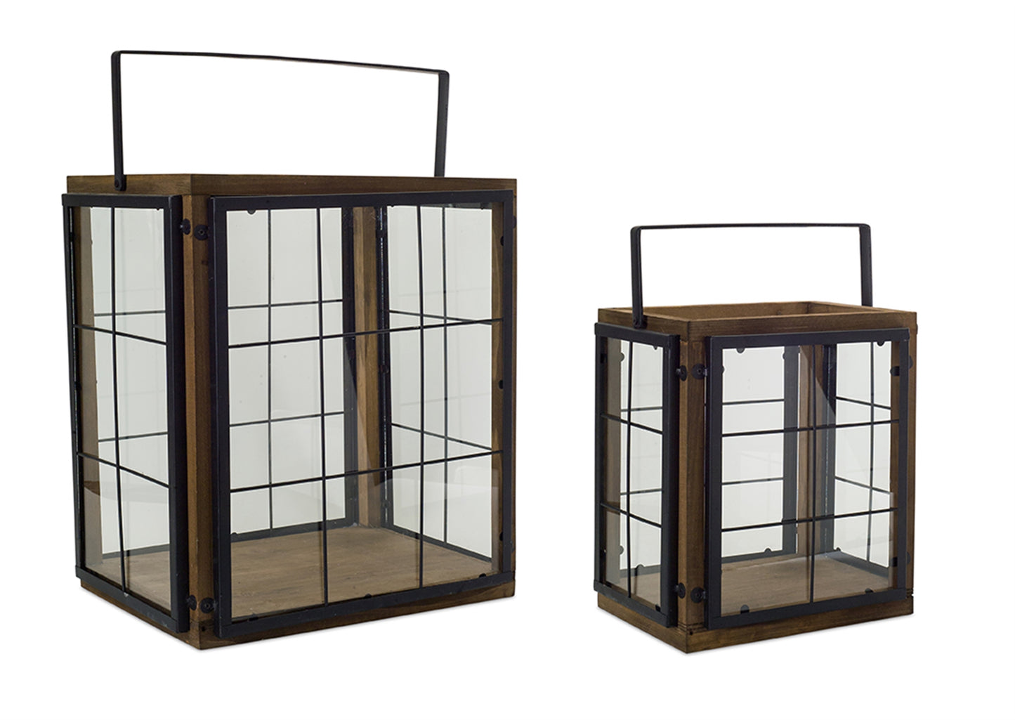 Traditional set of decorative box lanterns, the classic metal frame paired with a rustic brown and black finish