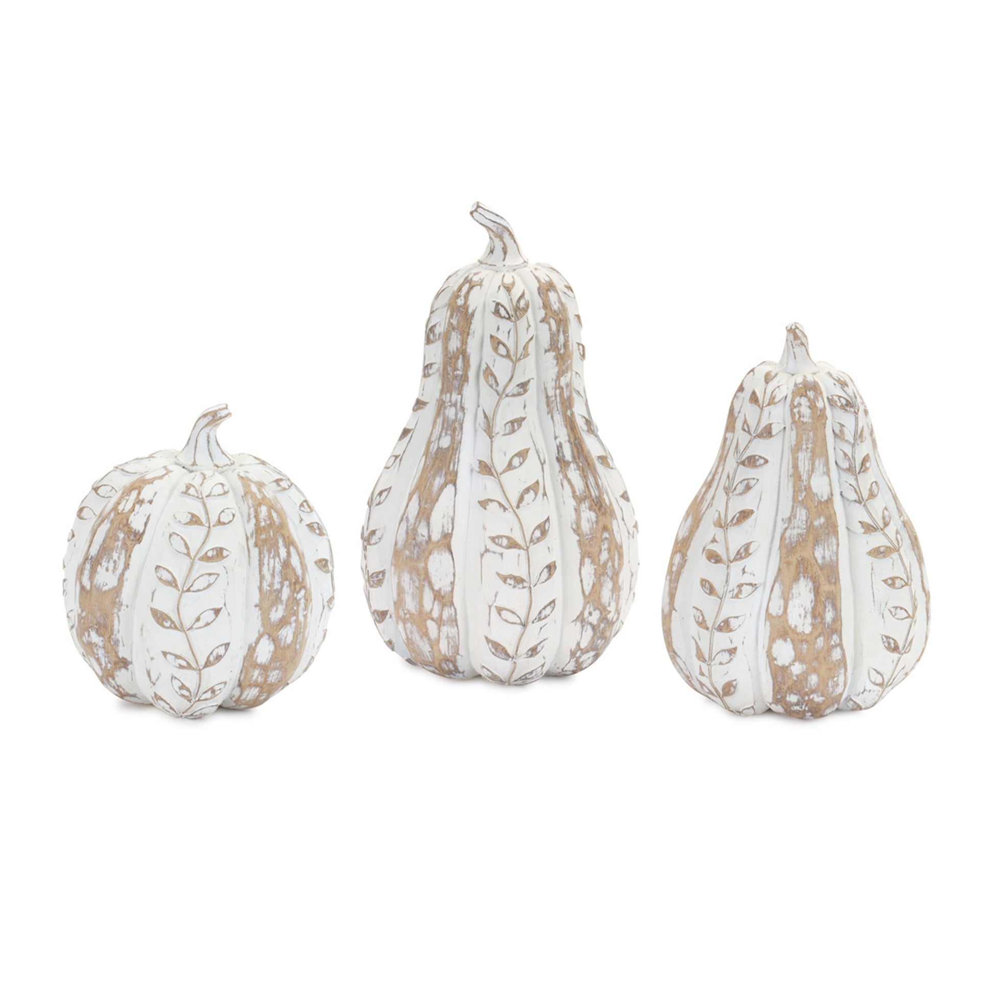 Whitewashed wood design fall pumpkin with leaf pattern, The white-washed finish paired with the ornamental leaf pattern is the perfect combination to create a stunning fall display. The quality polyresin composition is sure to last for seasons to come.