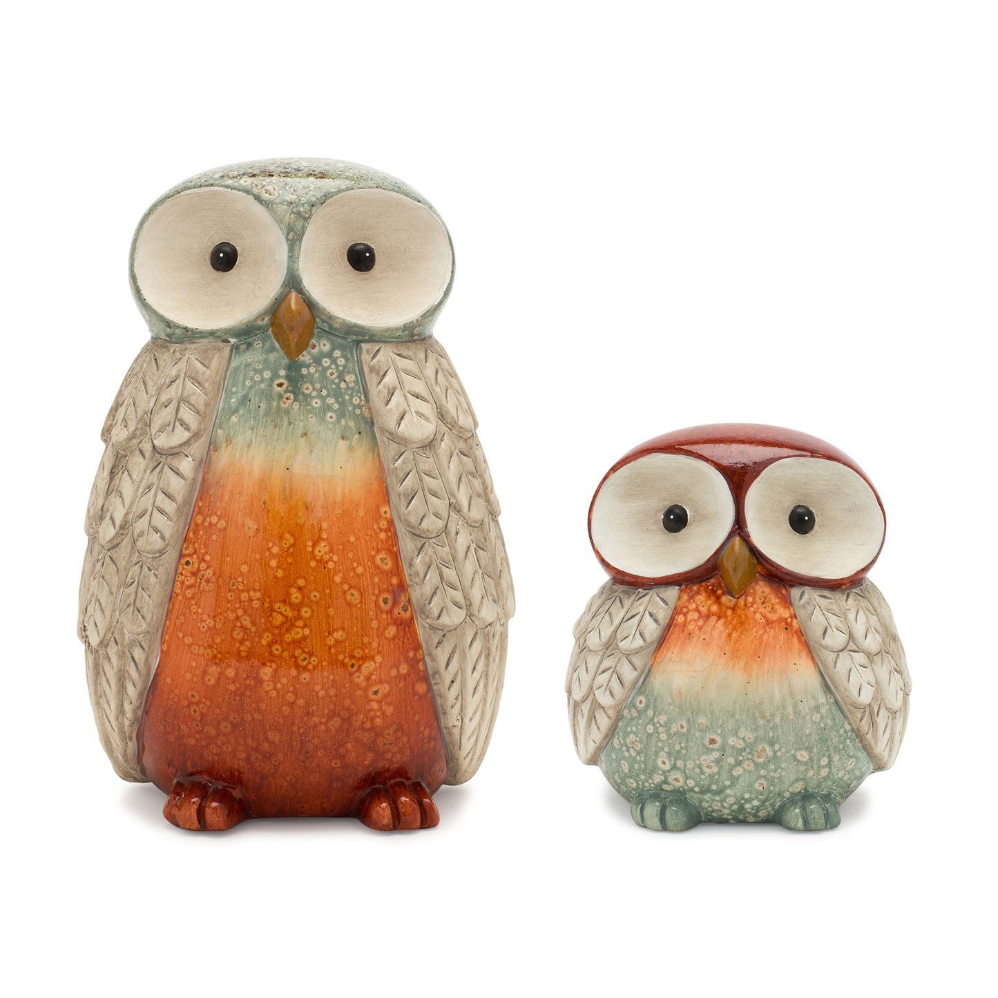Terra cotta owl figurine with glazed accents, Featuring two sizes, this set is sure to add a whimsical touch to your fall decor. The trendy orange and green color scheme paired with the wide-eyed design is the perfect combination to create a stunning fall display. 
