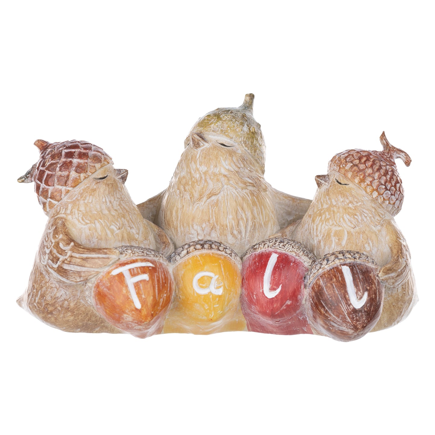 Fall birds with adorable acorn hats, Crafted with quality polyresin and stone powder, these cheerful decorations feature earthy brown and orange tones, an etched wood design, adorable acorn hat accent, and the sentiment "Fall"