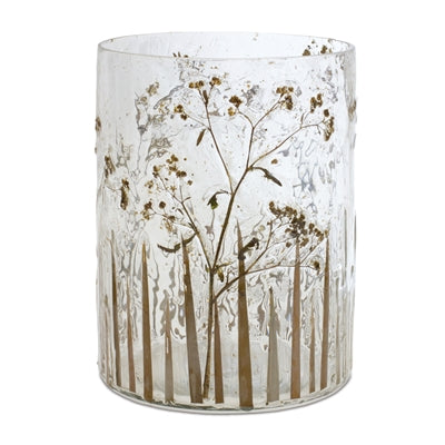 Dried Floral Glass Candle Holder. Measuring 8" tall, dried yarrow floral embedded in a delicate wavy glass vase accented with blades of grass, this piece best fits a 4-5" pillar candle.