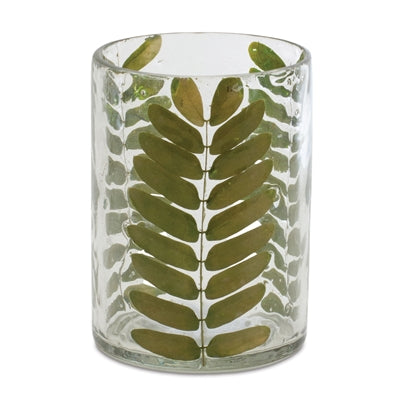 Dried Foliage Glass Candle Holders set of 3, dried rowan leaf embedded in a delicate wavy glass vase accented with blades of grass, this set best fits a 2" votive or tea light candle.