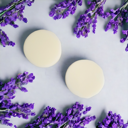 Two white soy wax melt rounds with lavender plant in the background