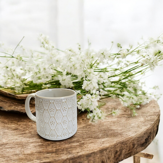 Ivory Embossed Stoneware Coffee Mug