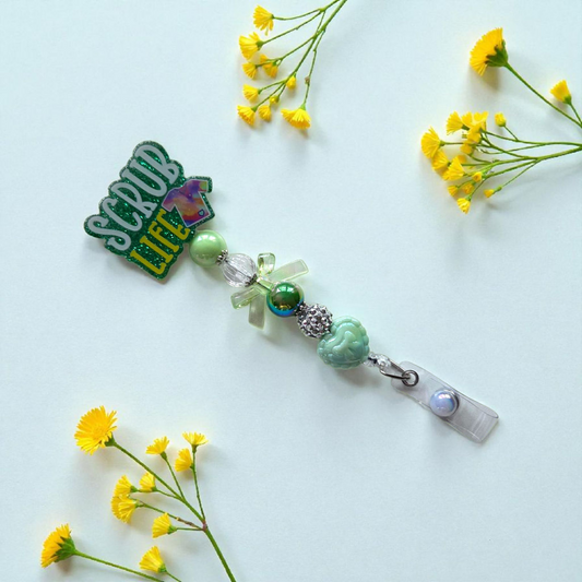 Nurse Badge Reel with Acrylic Beads and Charms, Retractable ID Holder, Multiple Colors Options