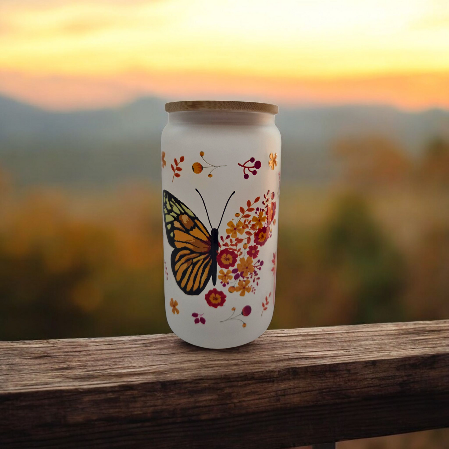 Elegant Butterfly Frosted Ice Coffee Glass with Bamboo Lid and Glass Straw