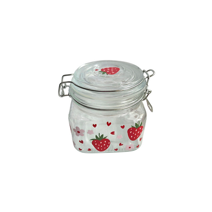 Glass Jar with Lid / Canister/ Storage Container with Strawberries and Flowers Decor