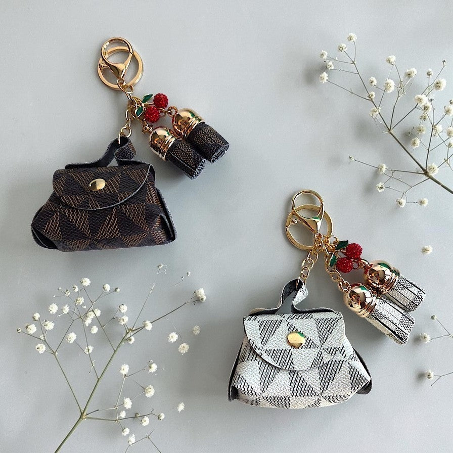 Faux Leather Geometric Pattern Mini Keychain Handbag with Charms