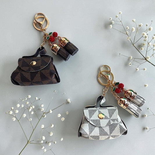 Faux Leather Geometric Pattern Mini Keychain Handbag with Charms