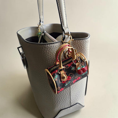 Mini Barrel Bag Keychain with Cherry Design and Charm