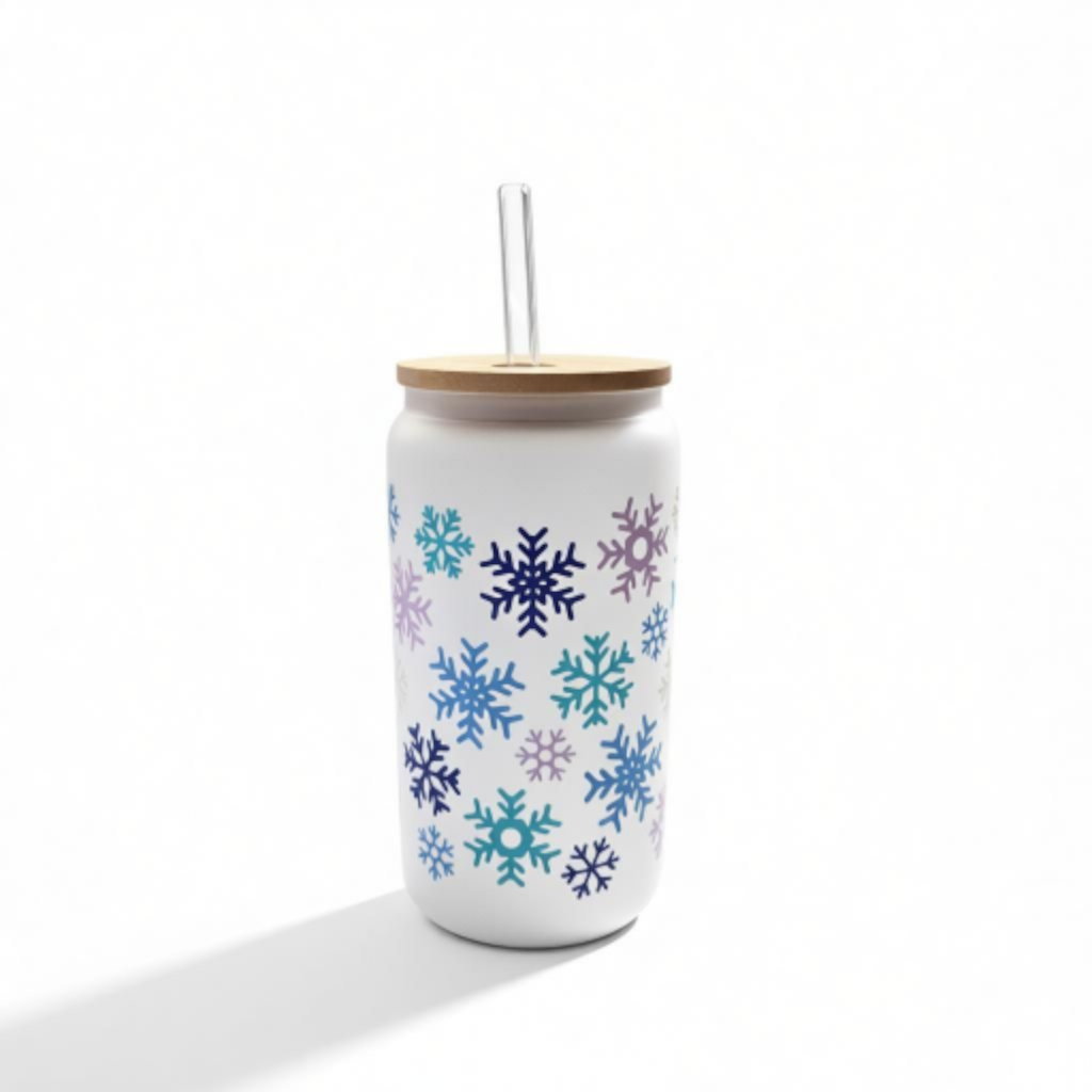 Winter Snowflakes Frosted Ice Coffee Glass with Bamboo Lid and Glass Straw