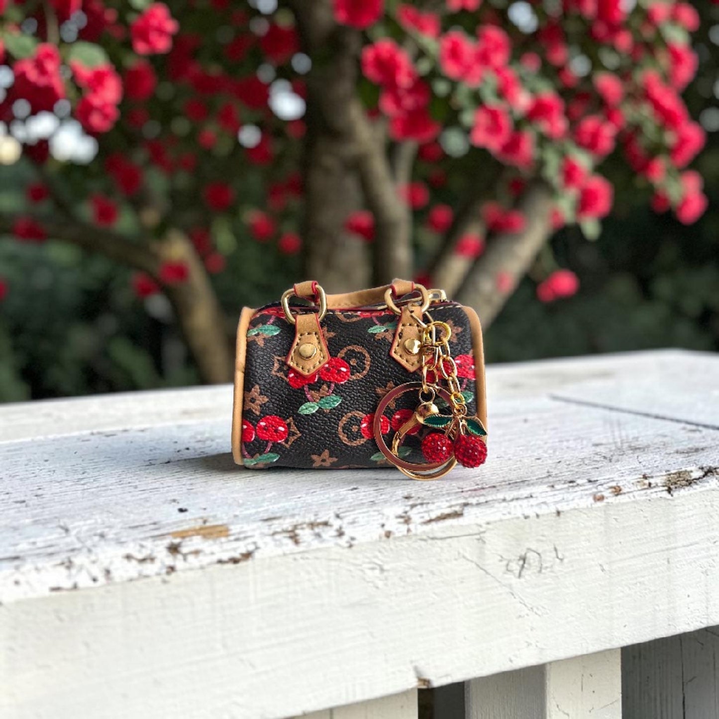 Mini Barrel Bag Keychain with Cherry Design and Charm