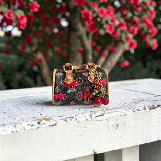 Mini Barrel Bag Keychain with Cherry Design and Charm