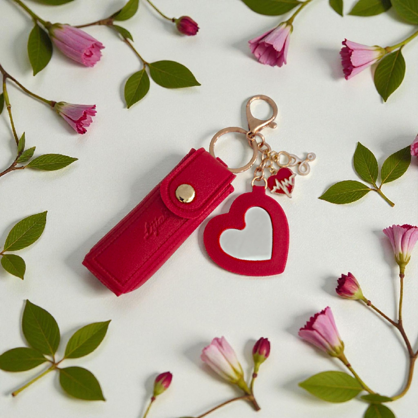 Lipstick Holder Keychain with Heart Mirror & Charm