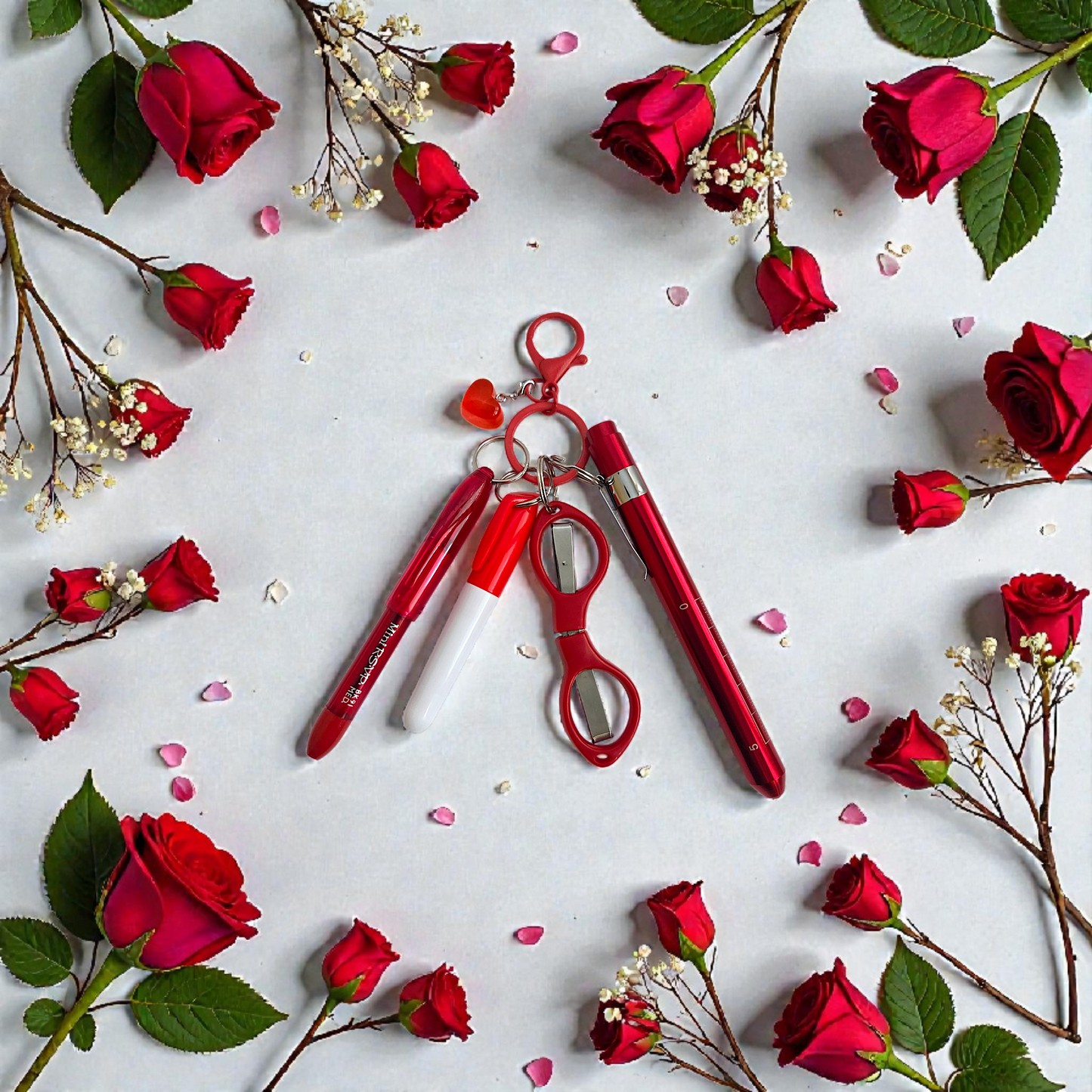 Badge Reel Accessory Set: Mini pen, highlighter, Sharpe, Scissors Penlight