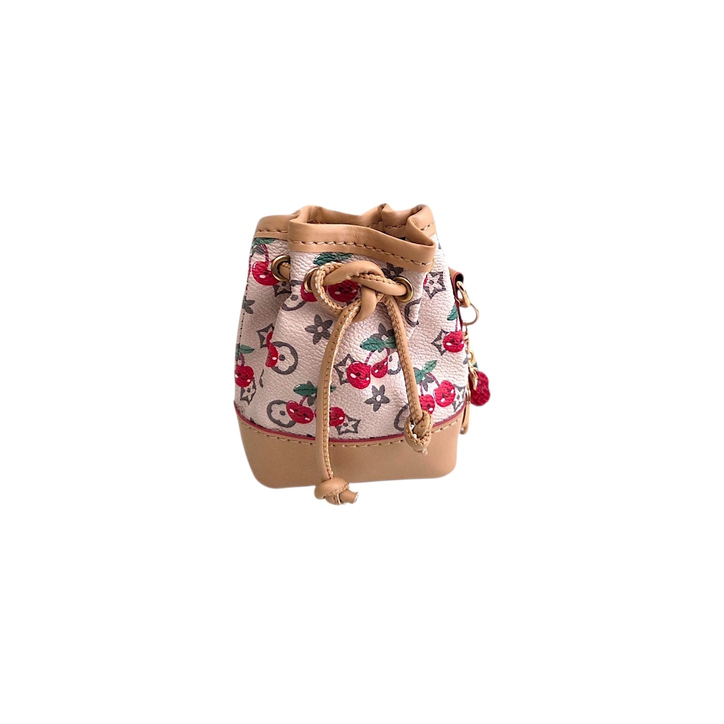 Mini Drawstring Bucket Bag Keychain with Cherry Design and Charm