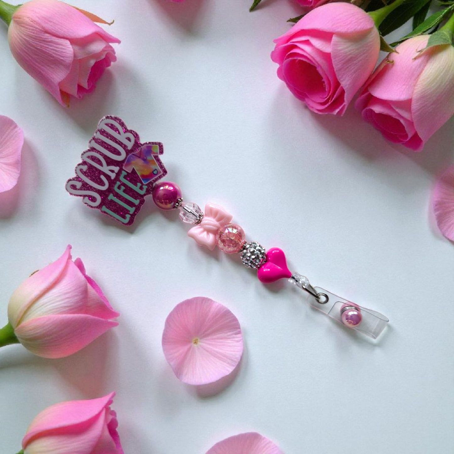 Nurse Badge Reel with Acrylic Beads and Charms, Retractable ID Holder, Multiple Colors Options