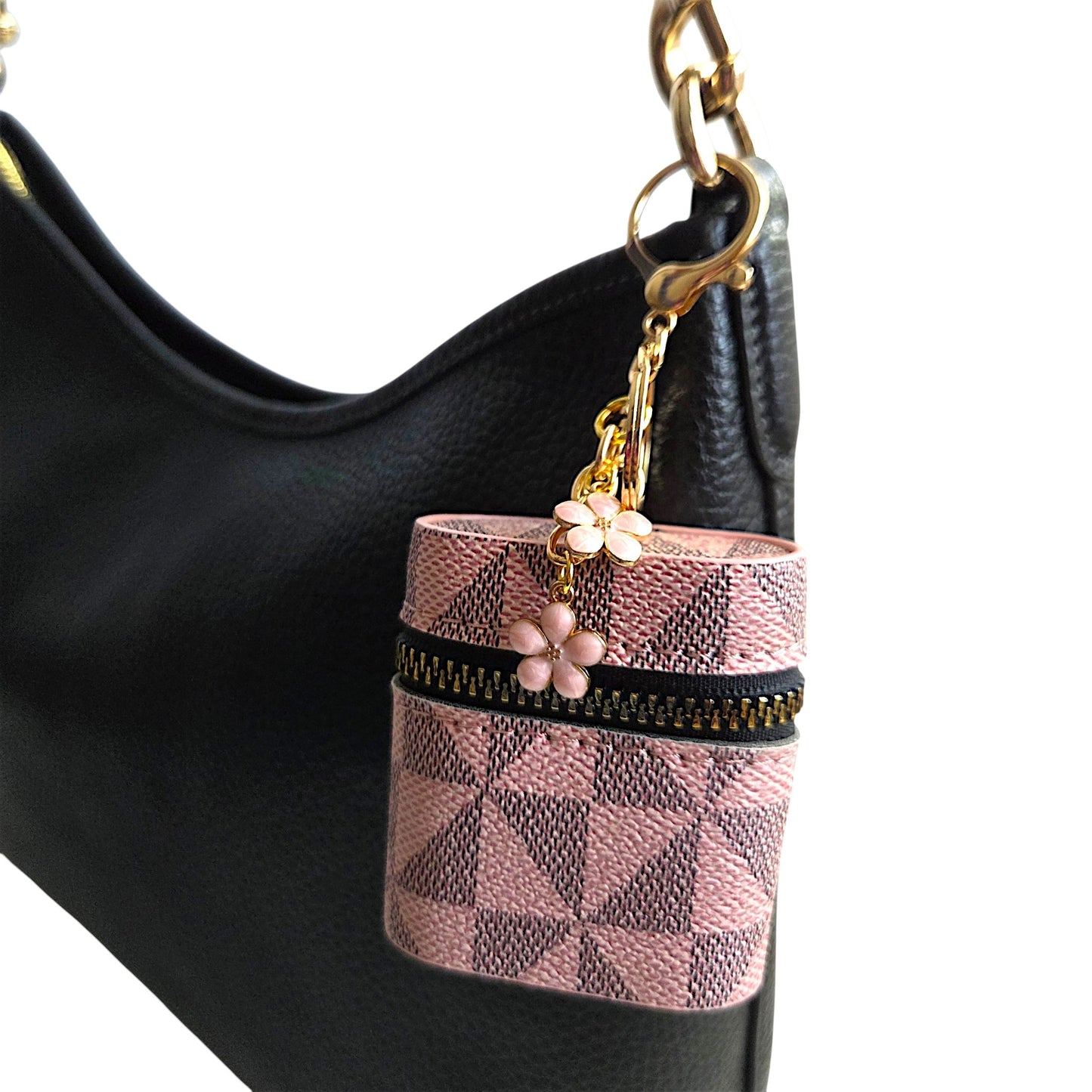 Faux Leather Geometric Pattern Earbud Holder Keychain with Charms