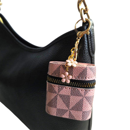 Faux Leather Geometric Pattern Earbud Holder Keychain with Charms