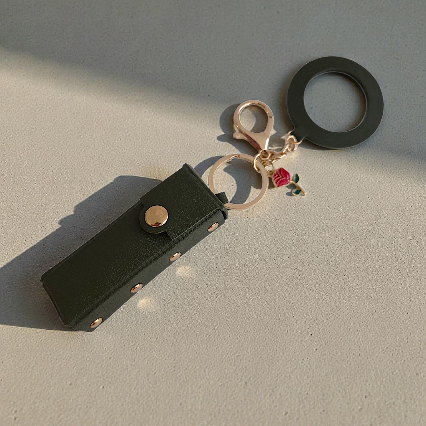 Lipstick Holder Keychain with Round Mirror & Charm