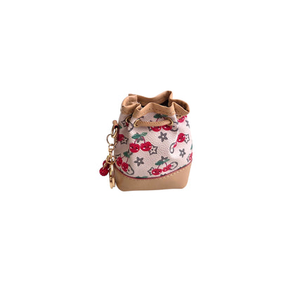Mini Drawstring Bucket Bag Keychain with Cherry Design and Charm