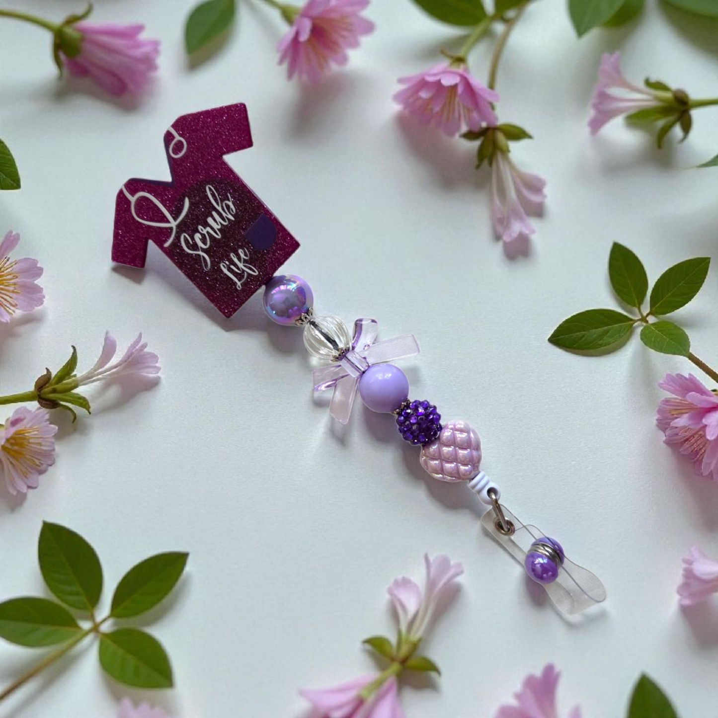 Nursing Scrub Top Badge Reel with Acrylic Beads and Charms/ Retractable ID Holder, Multiple Colors Options