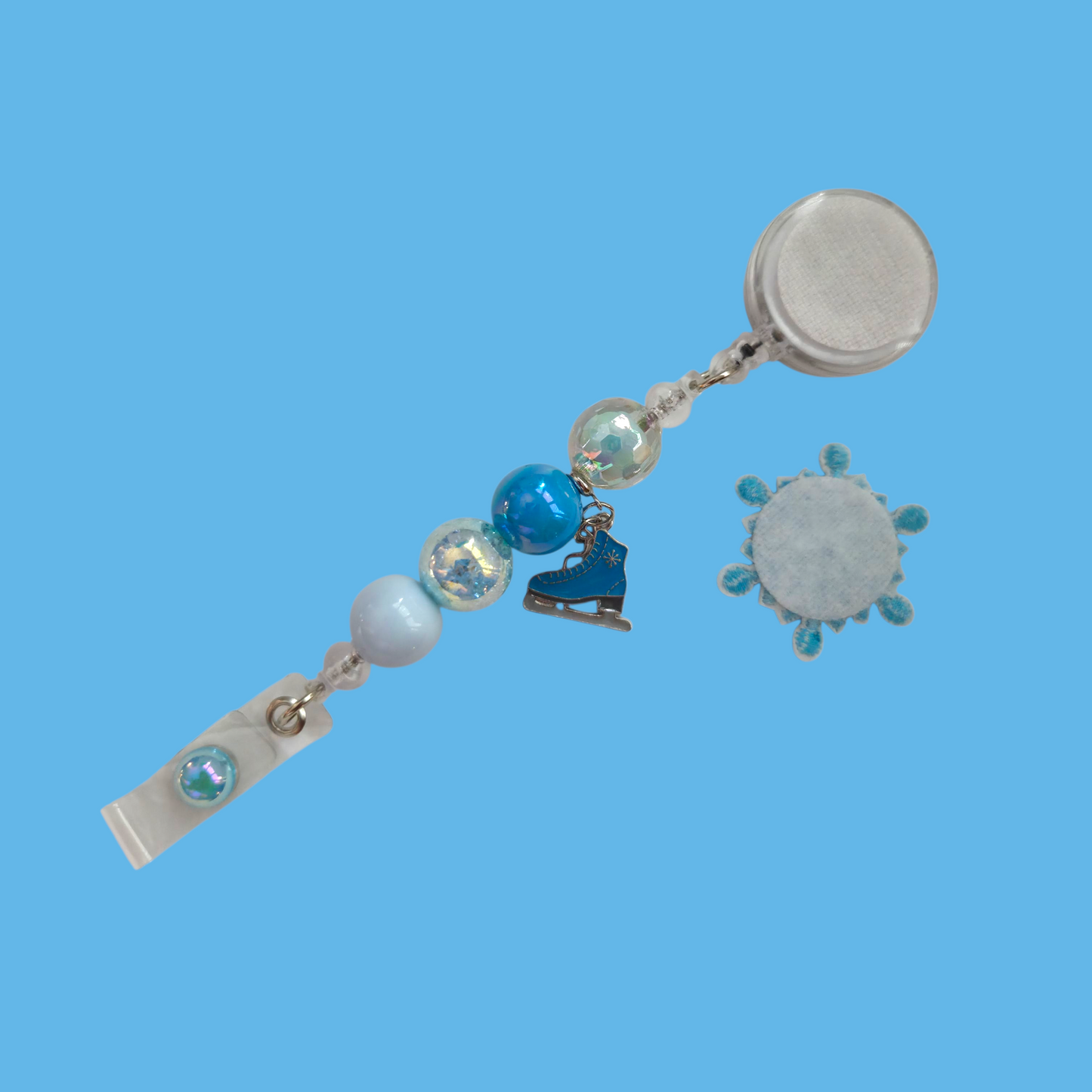 Interchangeable Snowflake Patches Badge Reel with Acrylic Beads & Charm, / Retractable ID Holder