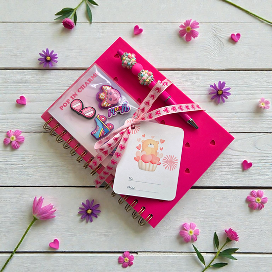 Pink Hearts Spiral Notebook Gift Set with Sparkly Beaded Pen