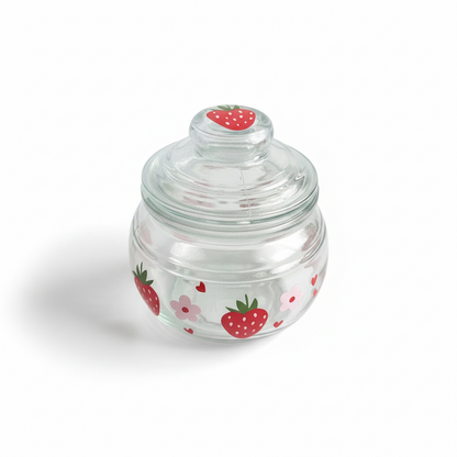 Glass Jar with Lid / Canister/ Storage Container with Strawberries and Flowers Decor