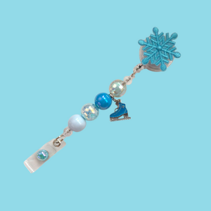 Interchangeable Snowflake Patches Badge Reel with Acrylic Beads & Charm, / Retractable ID Holder