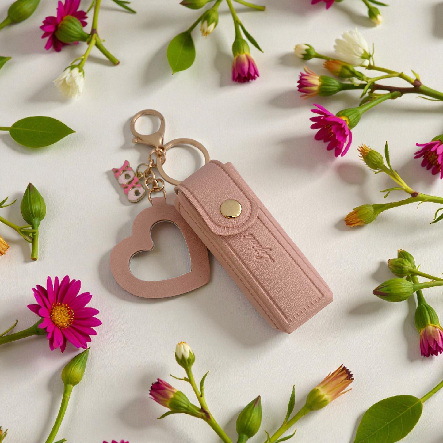 Lipstick Holder Keychain with Heart Mirror & Charm