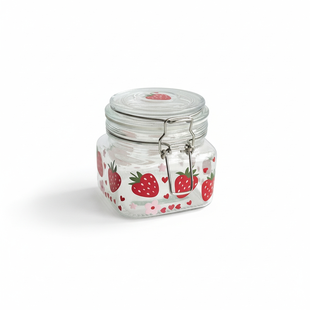 Glass Jar with Lid / Canister/ Storage Container with Strawberries and Flowers Decor