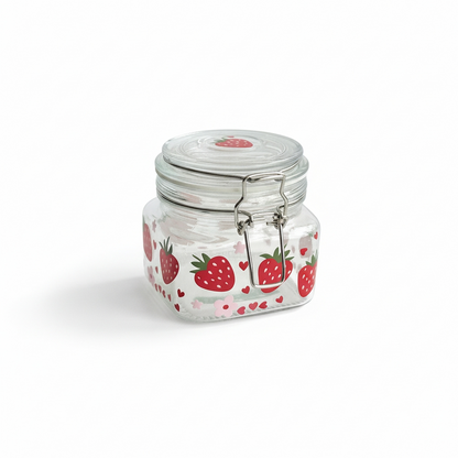 Glass Jar with Lid / Canister/ Storage Container with Strawberries and Flowers Decor
