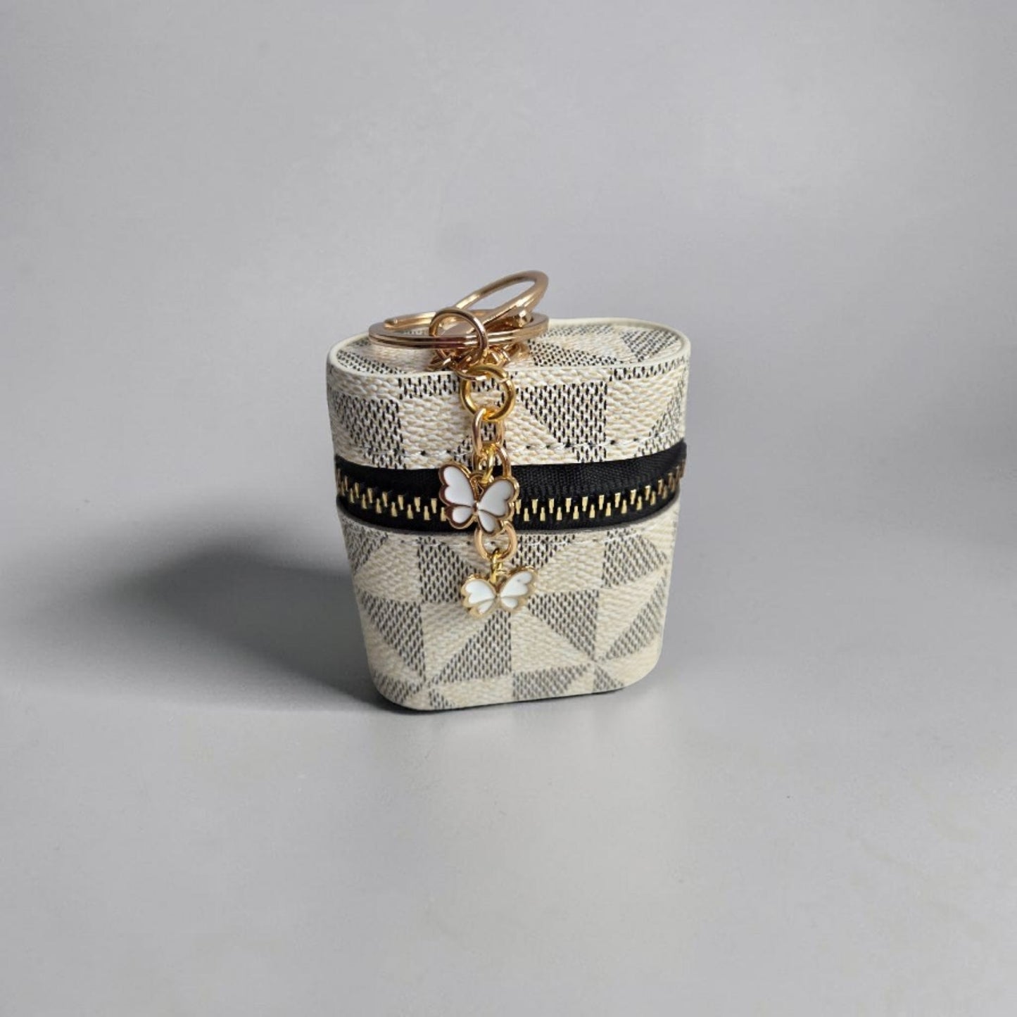Faux Leather Geometric Pattern Earbud Holder Keychain with Charms