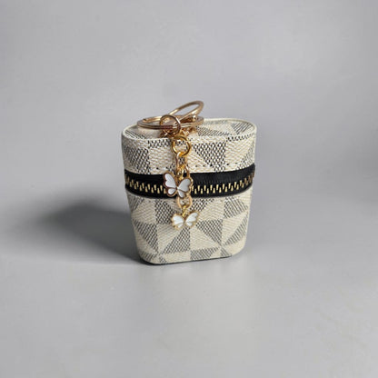 Faux Leather Geometric Pattern Earbud Holder Keychain with Charms