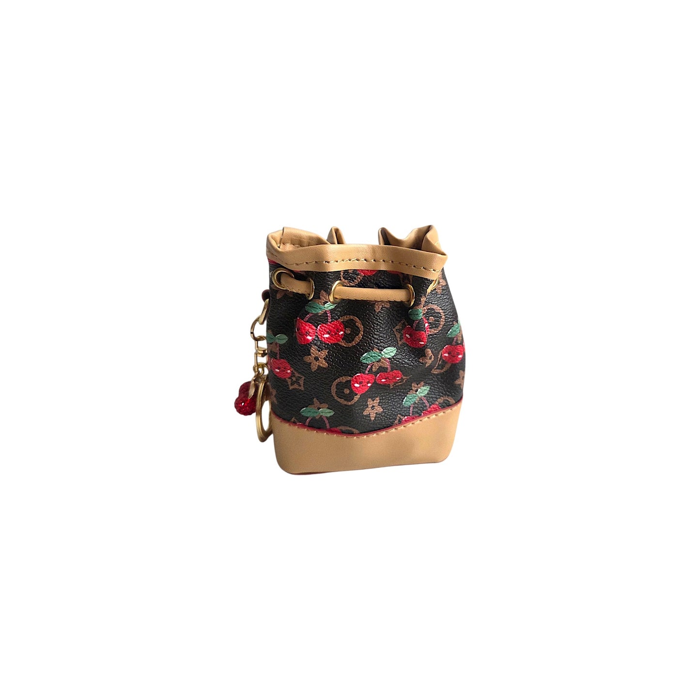 Mini Drawstring Bucket Bag Keychain with Cherry Design and Charm