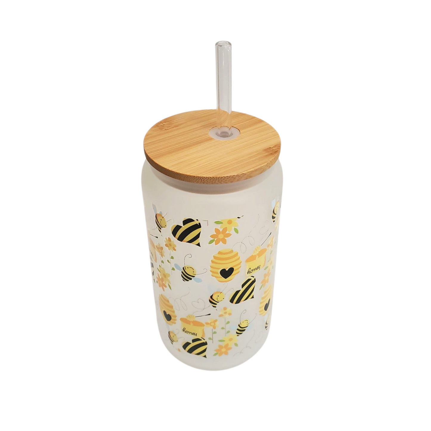 Frosted Glass Cup With Bamboo Lid & Straw with Honey Bee Design