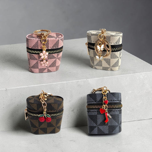 Faux Leather Geometric Pattern Earbud Holder Keychain with Charms