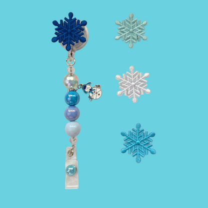 Interchangeable Snowflake Patches Badge Reel with Acrylic Beads & Charm, / Retractable ID Holder